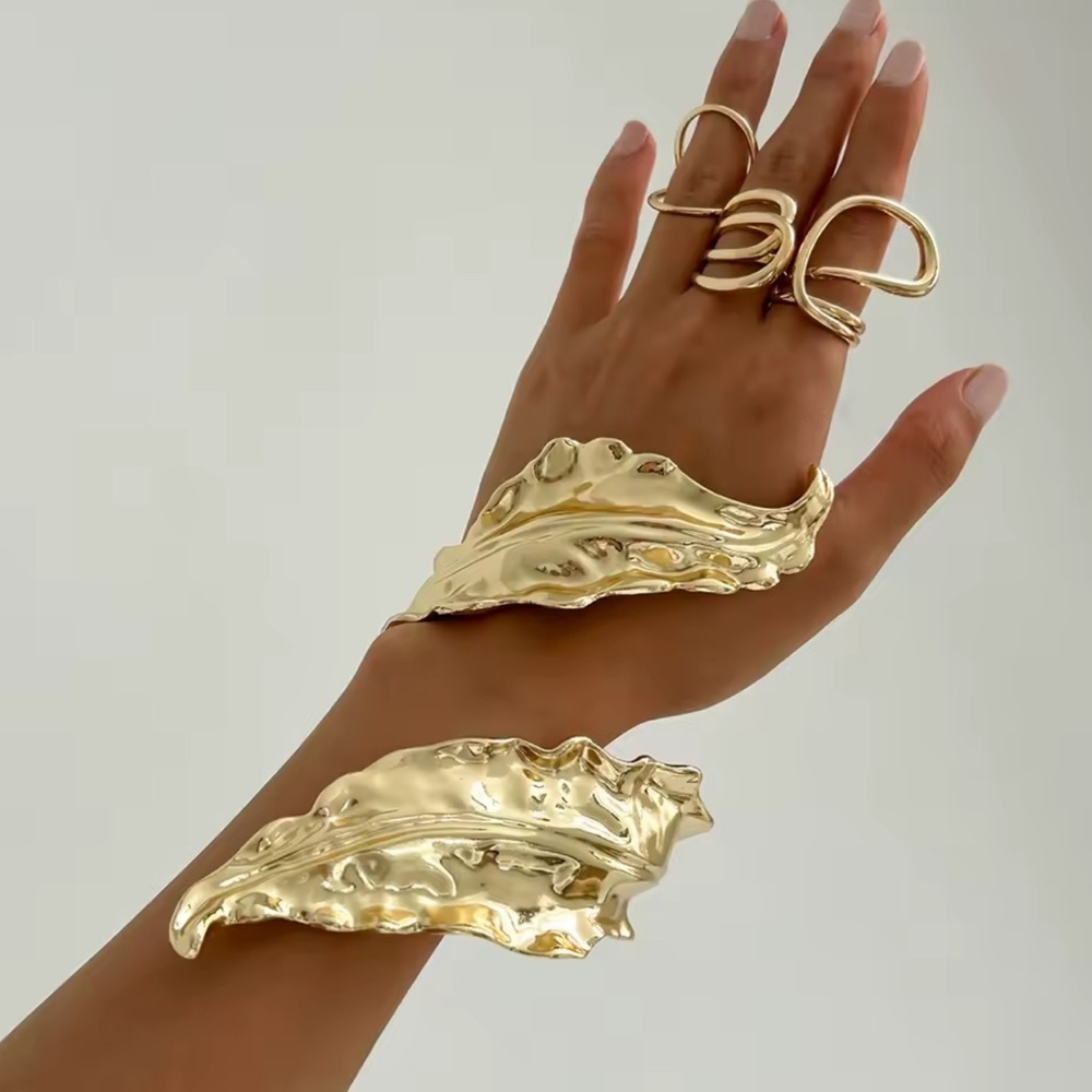 Sculpted Gold Wave Leaf Cuff Bracelet